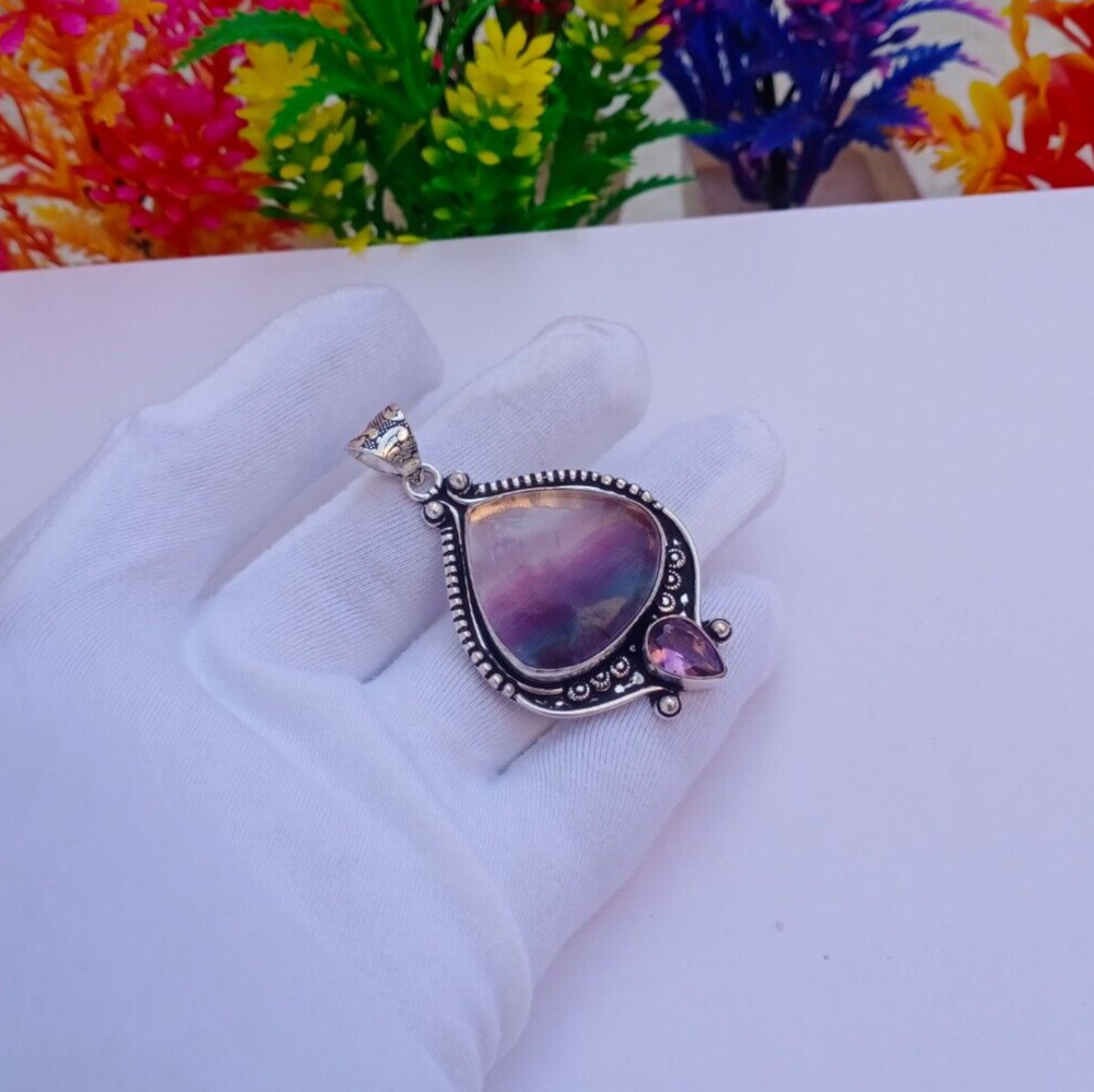 Natural Fluorite sterling silver plated pendant | Amethyst Pendant Jewelry