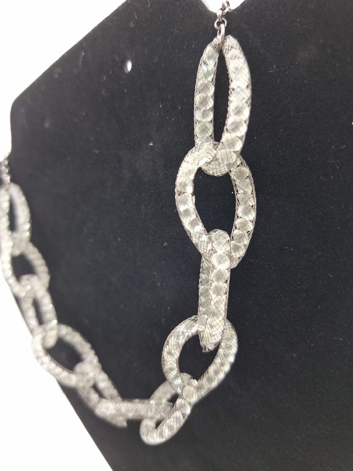 Black Mesh Tube Link Necklace Clear Rhinestone Bead Statement Jewelry