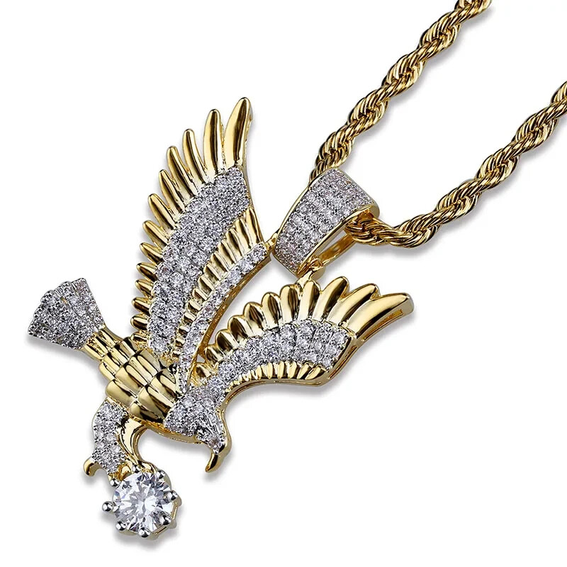 Iced Eagle Charm – Gold Tone Pendant w/ 24″ Chain – Men’s Hip Hop Jewelry