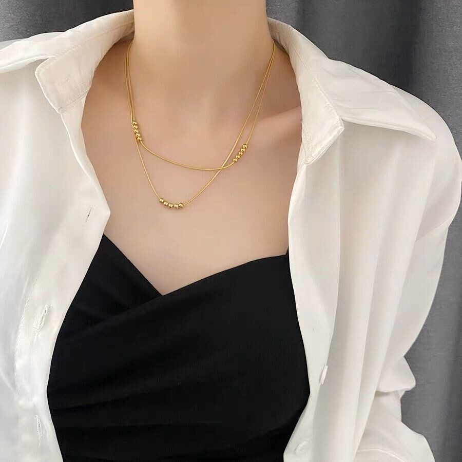 Woman 18K Gold Plated Stainless Steel Beaded 2 Layers Snake Chain Necklace