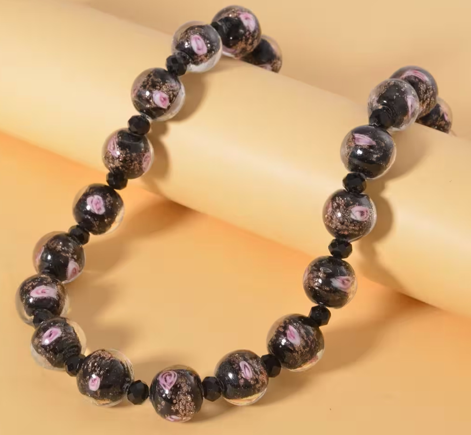 Murano Clear & Black Rosette Glass Bead Necklace 20-22 Inches in Silvertone