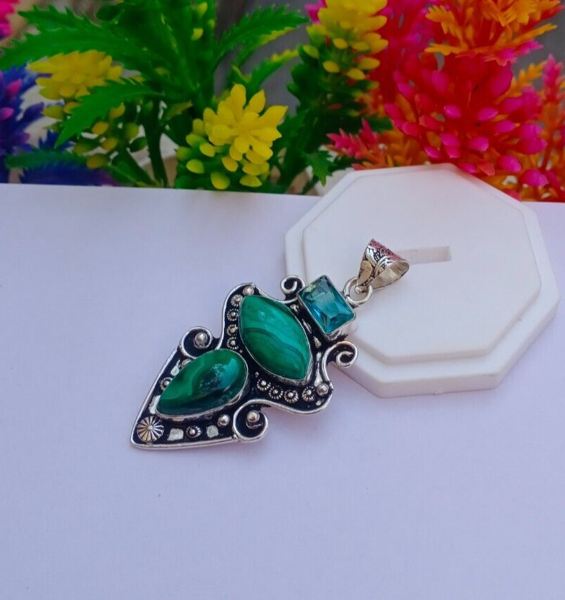 Natural Malachite sterling silver plated pendant | Blue Topaz boho pendant