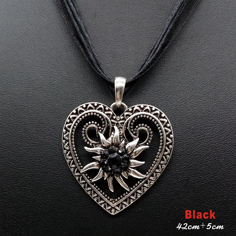 New Vintage Heart Edelweiss Flowers Necklace Organza Ribbon Pendant Women