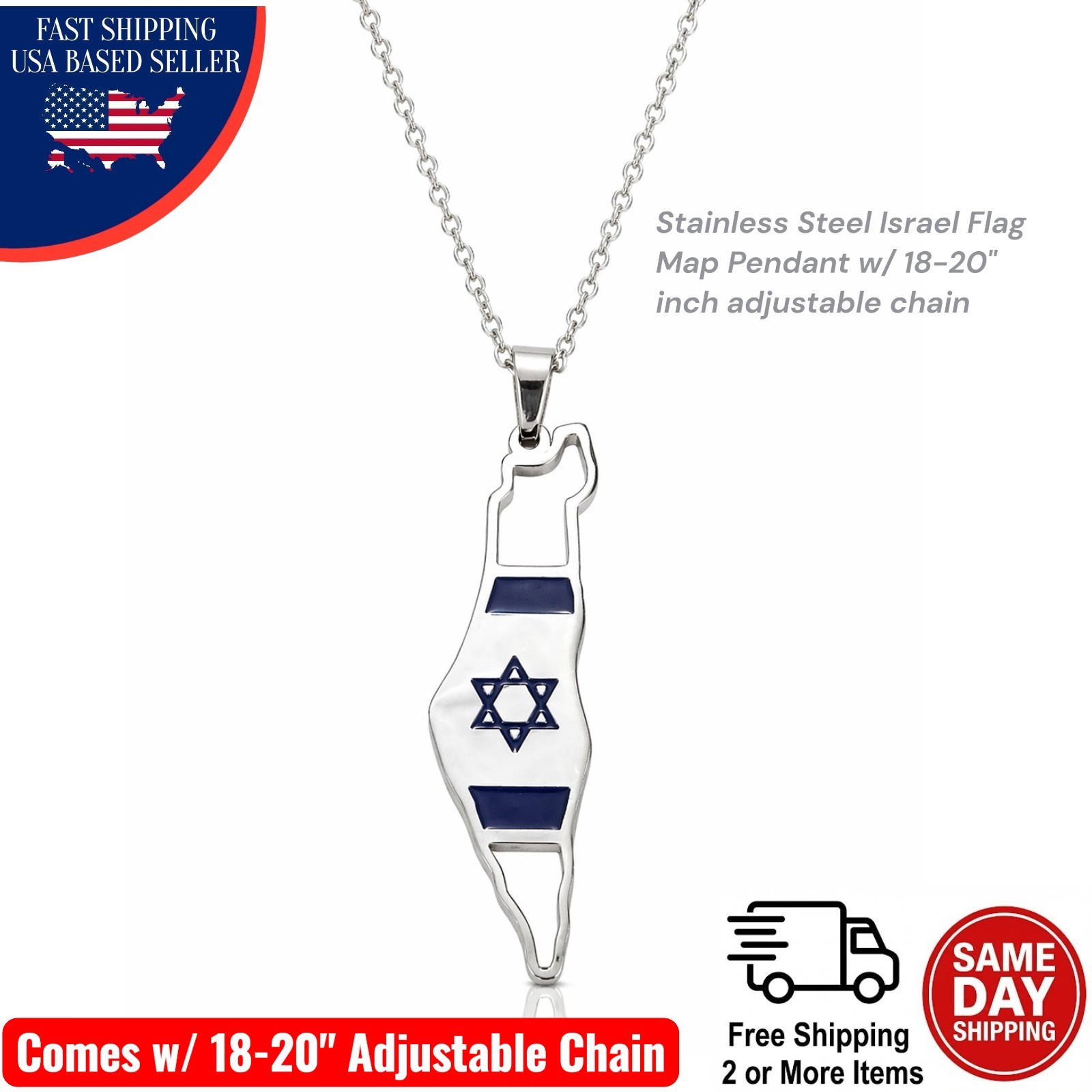 Israel Map Pendant Necklace Star of David 316L Stainless Steel 18-20″ Chain Gift