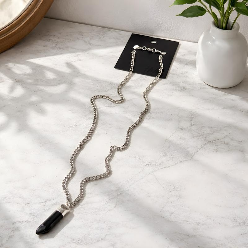 H&m Black Obsidian Crystal Pendant Necklace Size 60cm