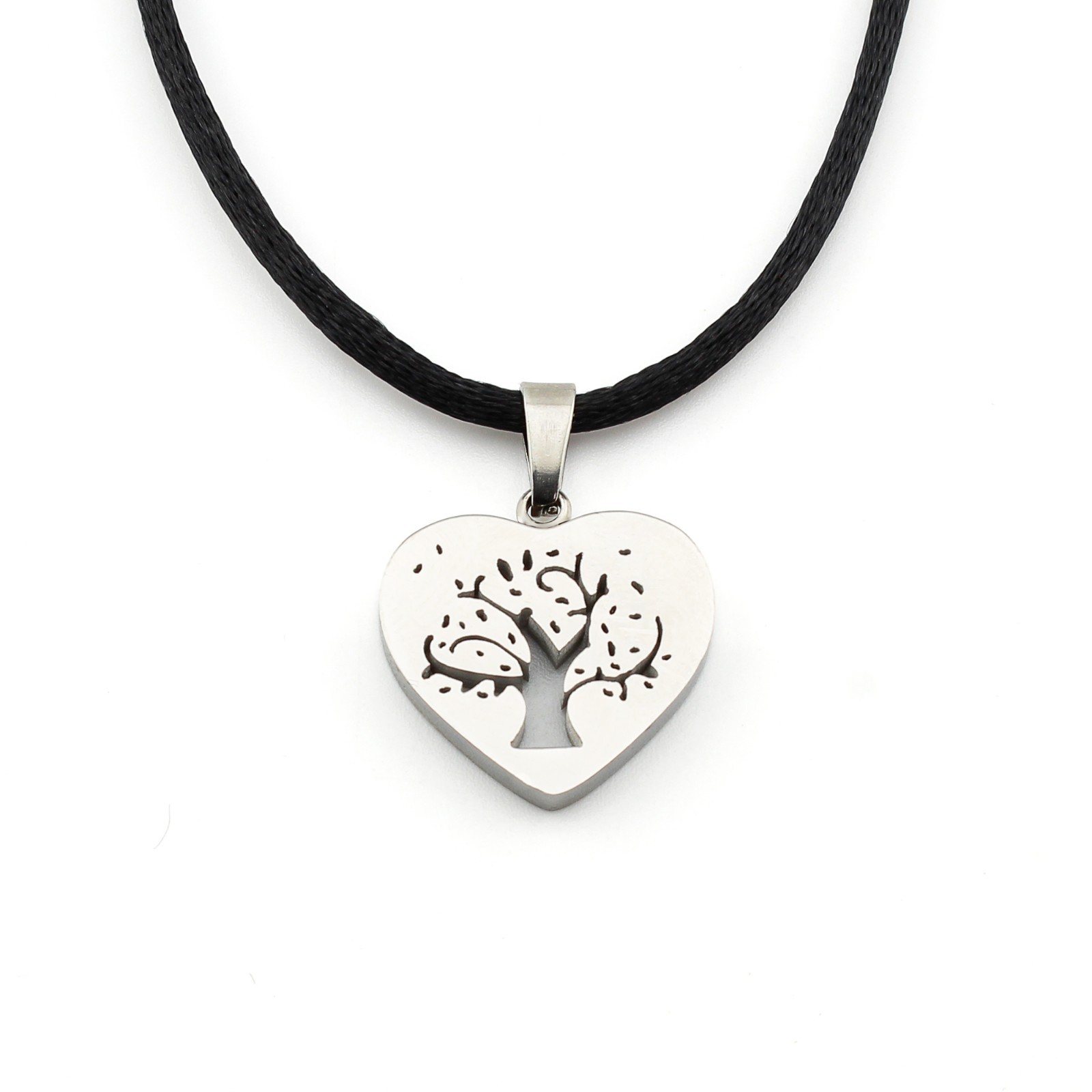 Stainless Steel Tree of Life Heart Pendant Necklace on Black Satin Silk Cord