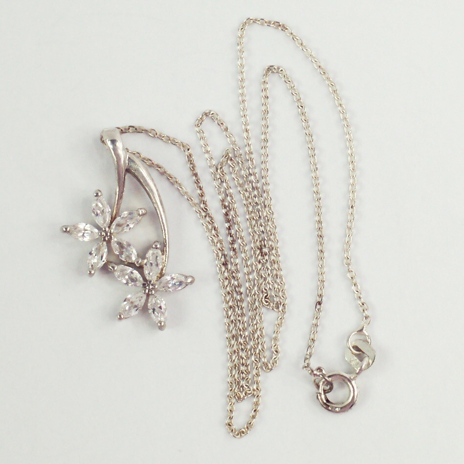 sterling silver white/colorless CZ double flower pendant cable chain necklace