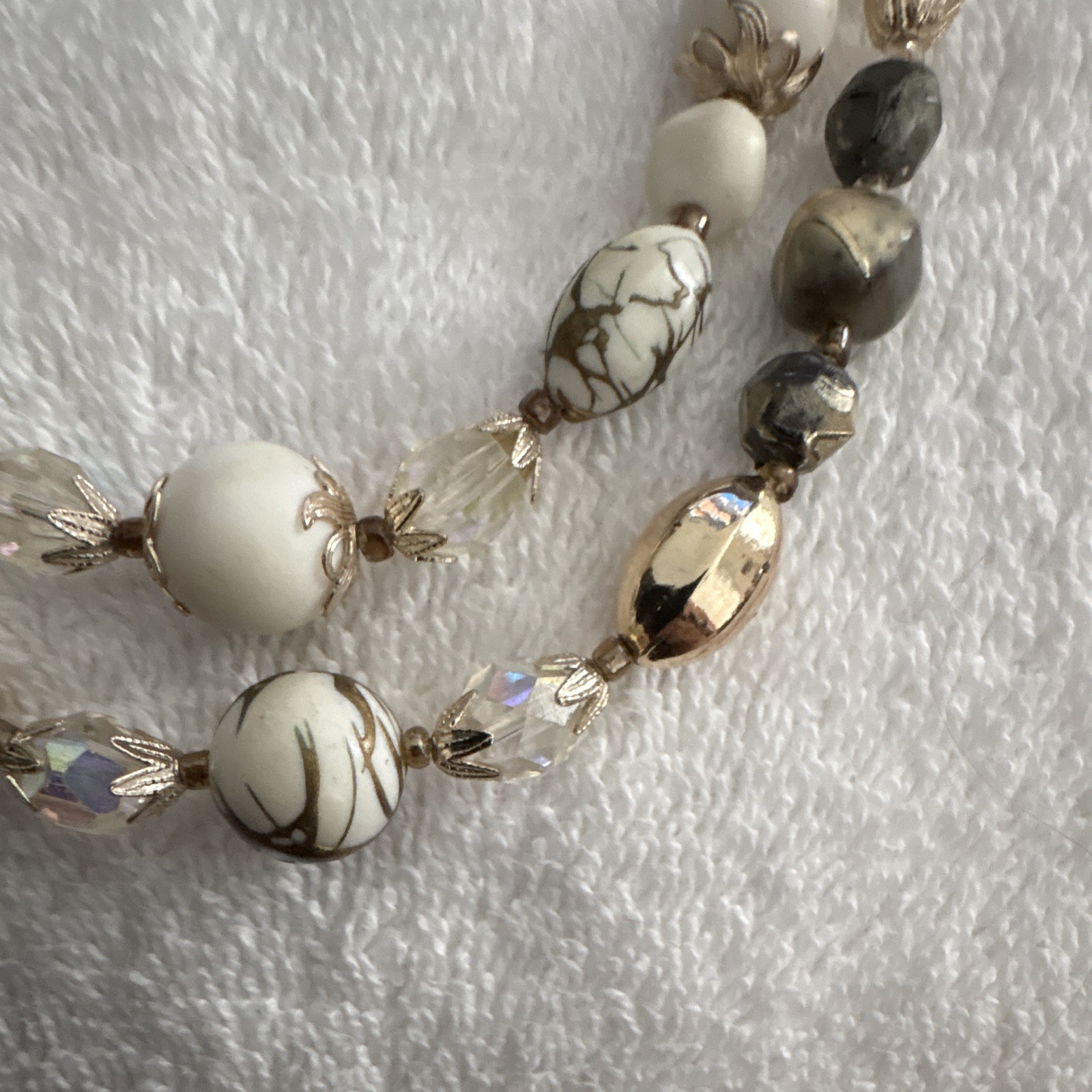 Layered Double Strand White & Gray Glass Bead Necklace w/ Crystal, Hook