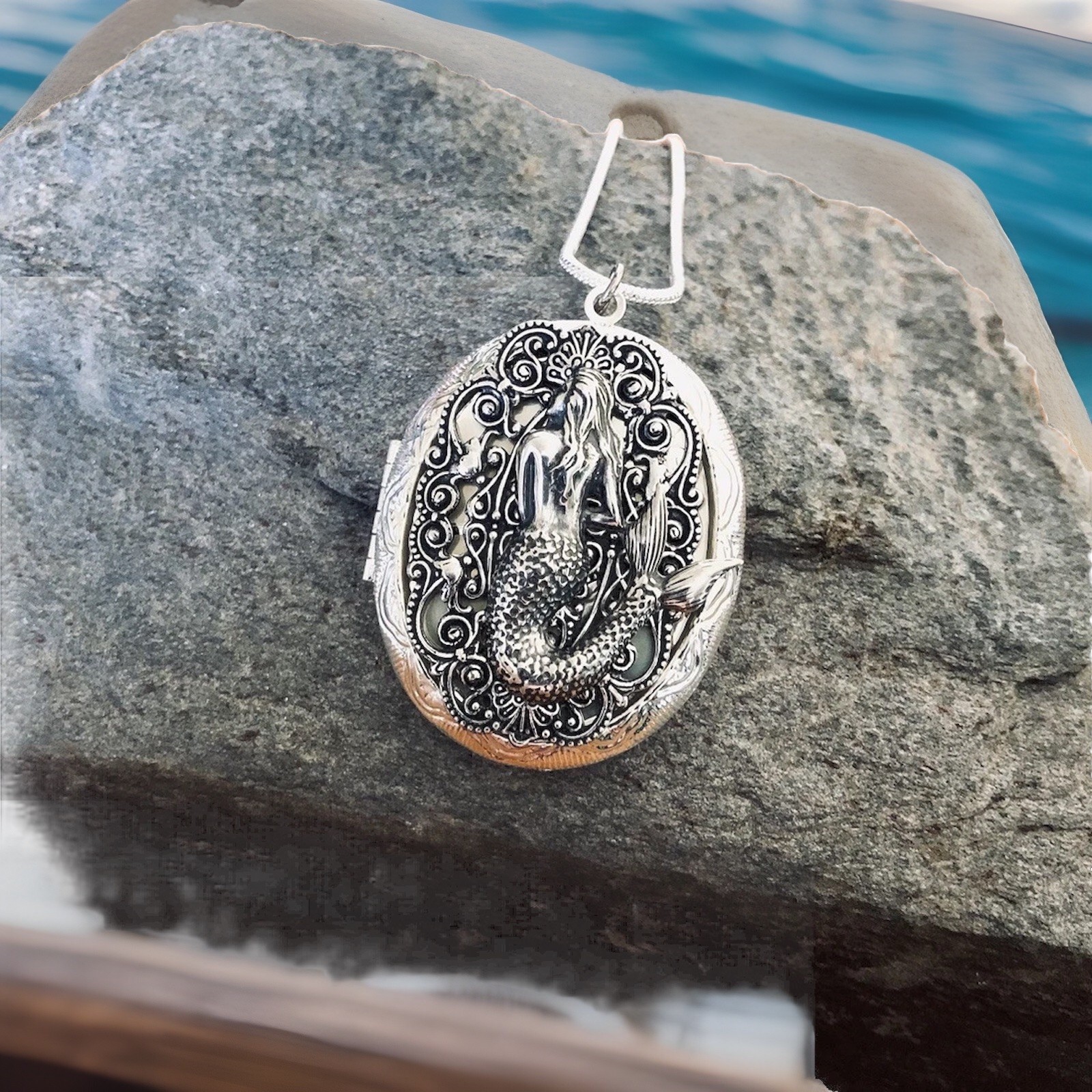 Mermaid Locket Necklace, Nautical Pirate Jewelry Silver Photo Pill Stash Box