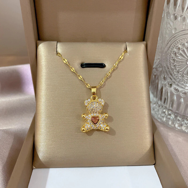 Women’s Fashion Gold Or Silver Teddy Bear Pink Heart Cubic Zircon Necklace 1-264