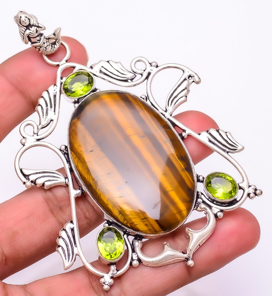 Natural Tiger’S Eye & Peridot 925 Silver Plated Jewelry Pendant 3.3″ T2737