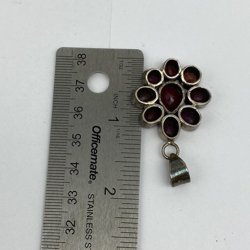 Sterling Silver 925 Red Faceted Stone Flower Cluster Pendant 1 5/8″ 15.5g