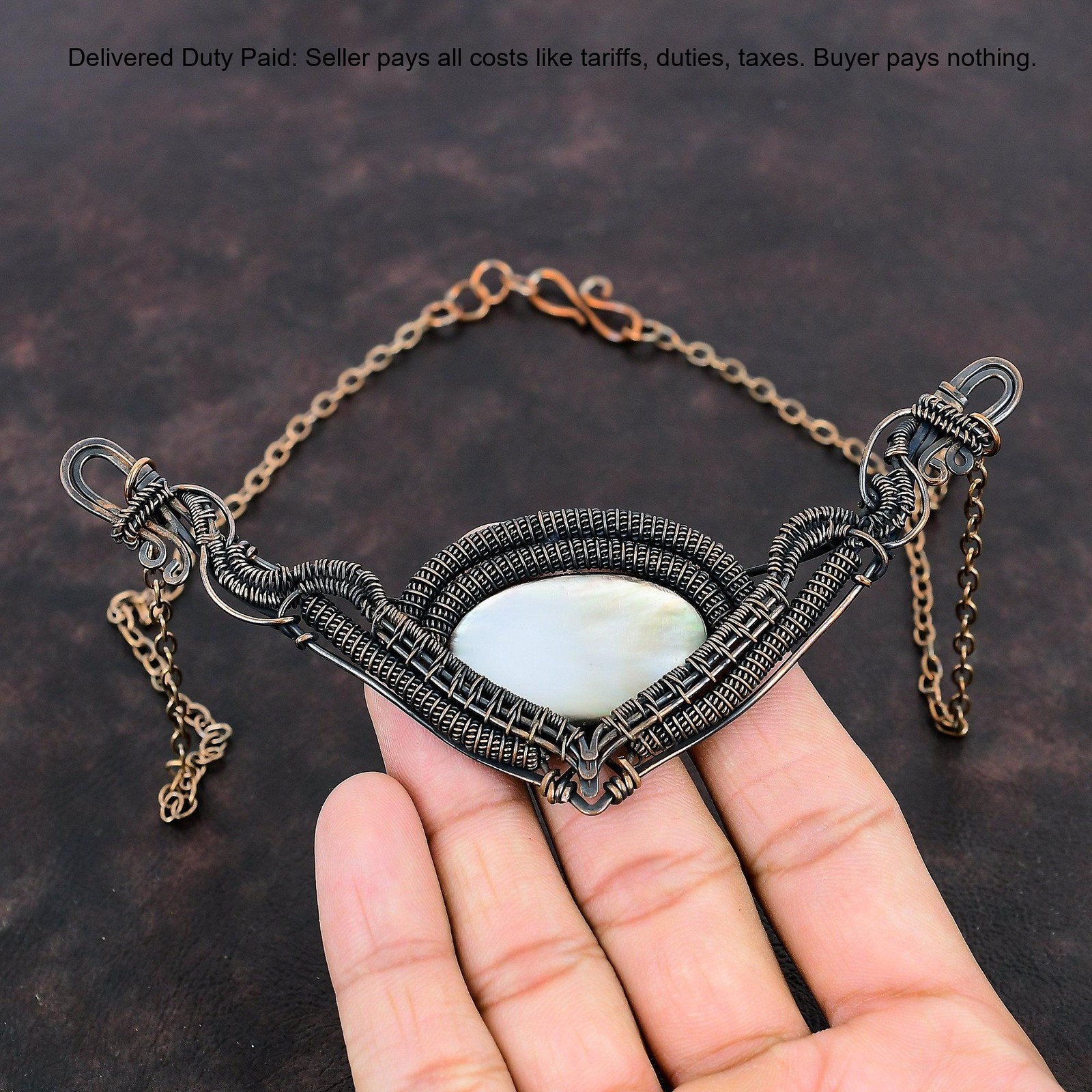 Mother Of Pearl Stone Copper June Birth Chain Wife Wire Wrapped Wedding Necklace