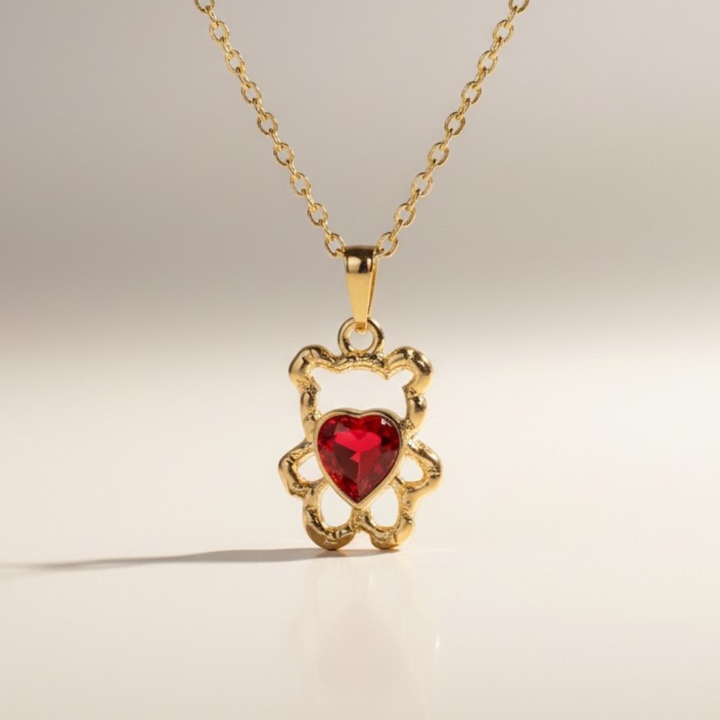 Gold Tone Hollow Teddy Bear With Red Crystal Heart Pendant Necklace Jewelry