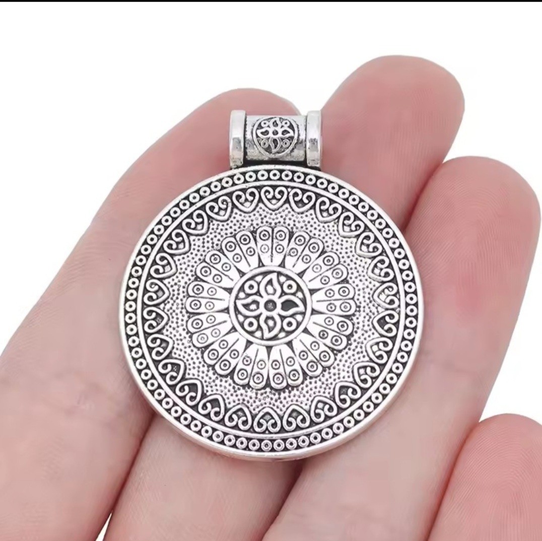 Boho Silver Tone Round Pendant Charms – Set of 8
