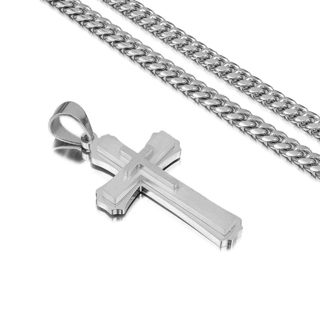 Men’s Stainless Steel Cross Necklace Cuban Chain Pendant Gold Silver Black 24