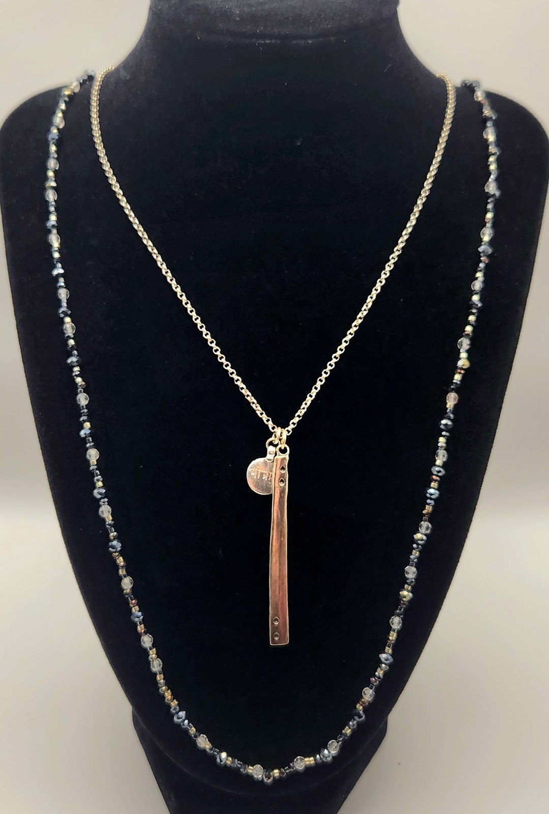 Chan Luu 42″ Layered Black Crystal Beaded Necklace Silver Tone Bar Pendant Boho