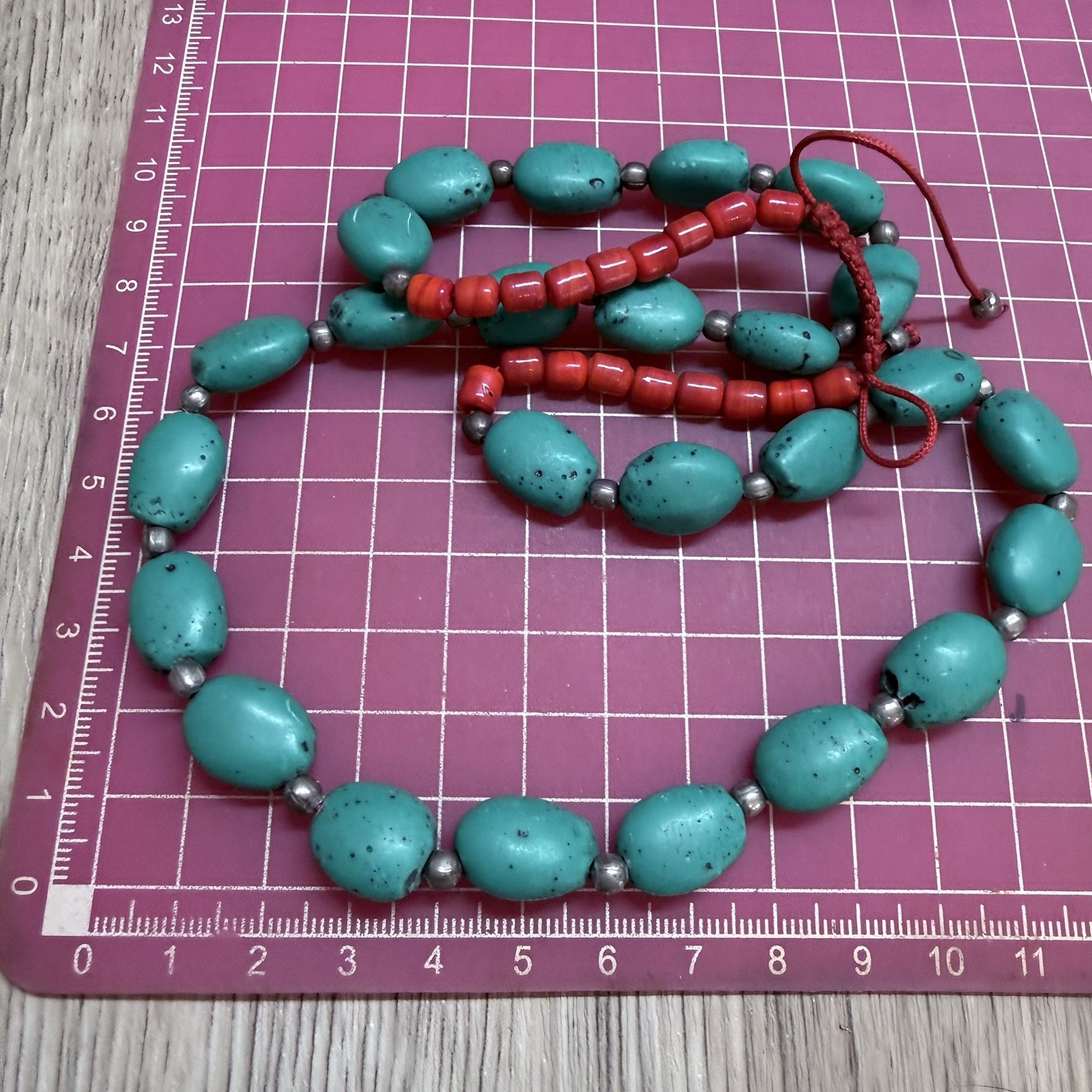 RETRO Turquoise & Coral Colour Beaded Necklace 60cm Adj. Kitsch Pretty Boho