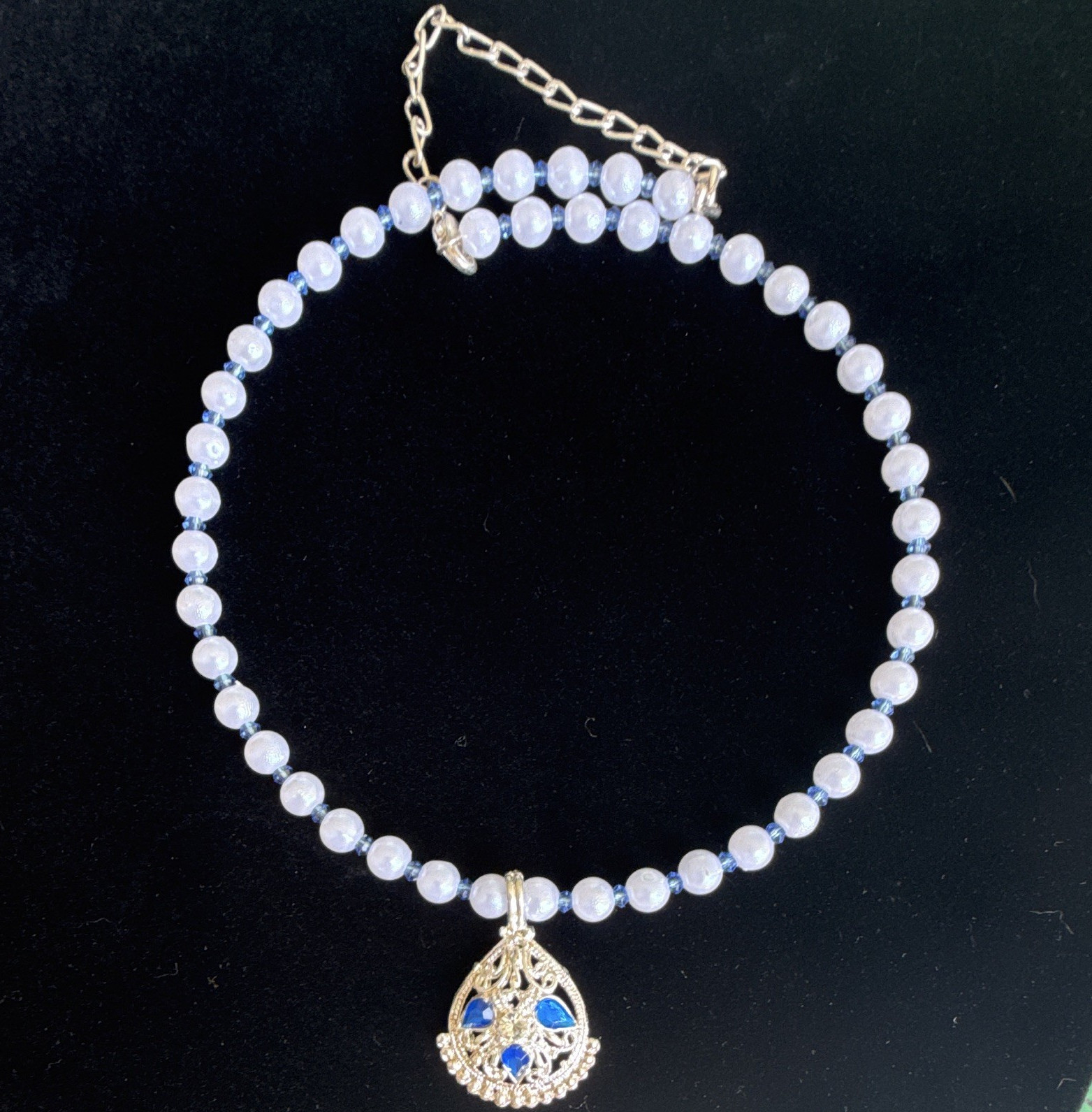White Beaded Necklace, Adjustable Cable Chain, Gold Tone Blue Teardrop Charm