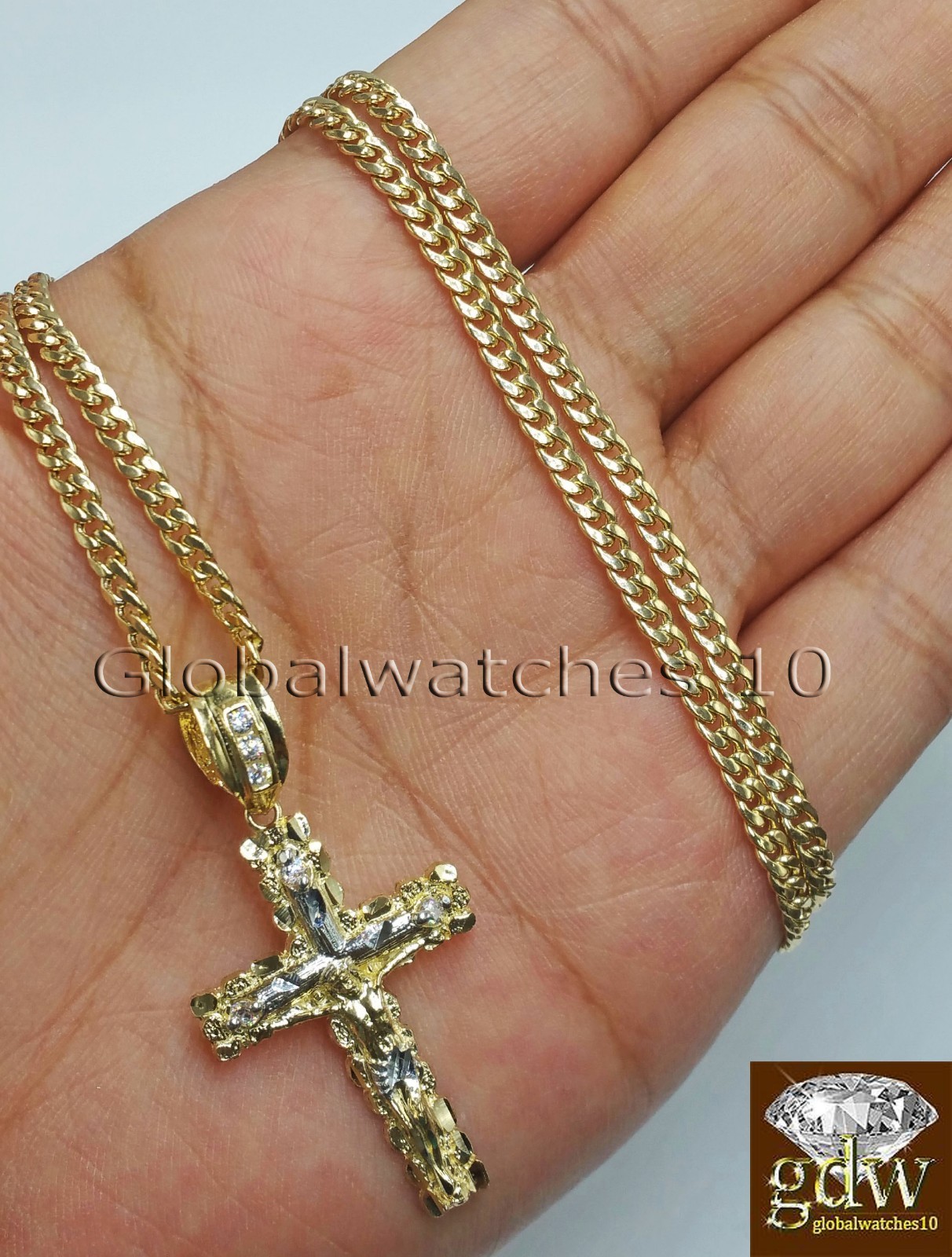 Real 10k Yellow Gold Jesus Cross Charm Pendant 18″ Miami Cuban Link Chain SET