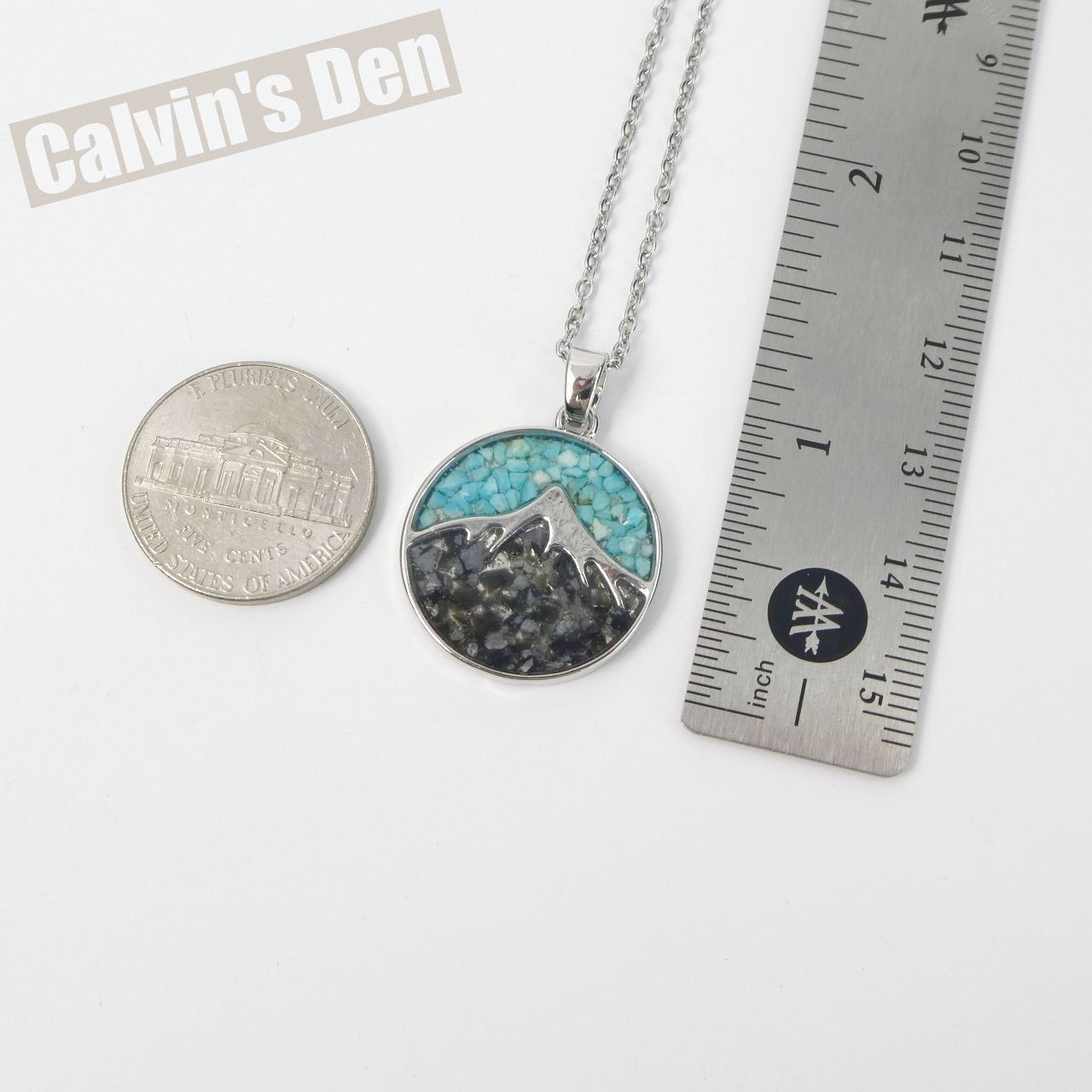 Blue Turquoise Lava Stone Chip Inlay Mountain Landscape Pendant Necklace Nature