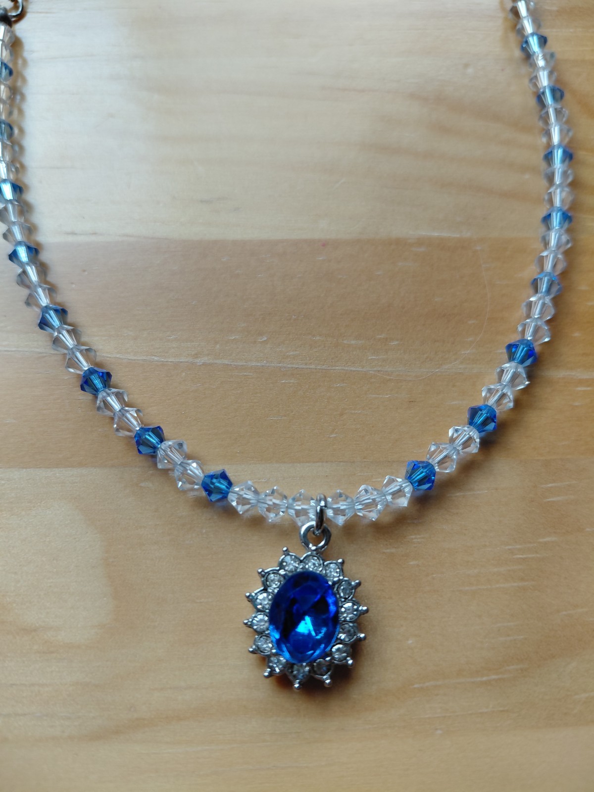 Faux Blue Sapphire Gemstone and Blue/Clear Crystal Bead Silver Tone Necklace