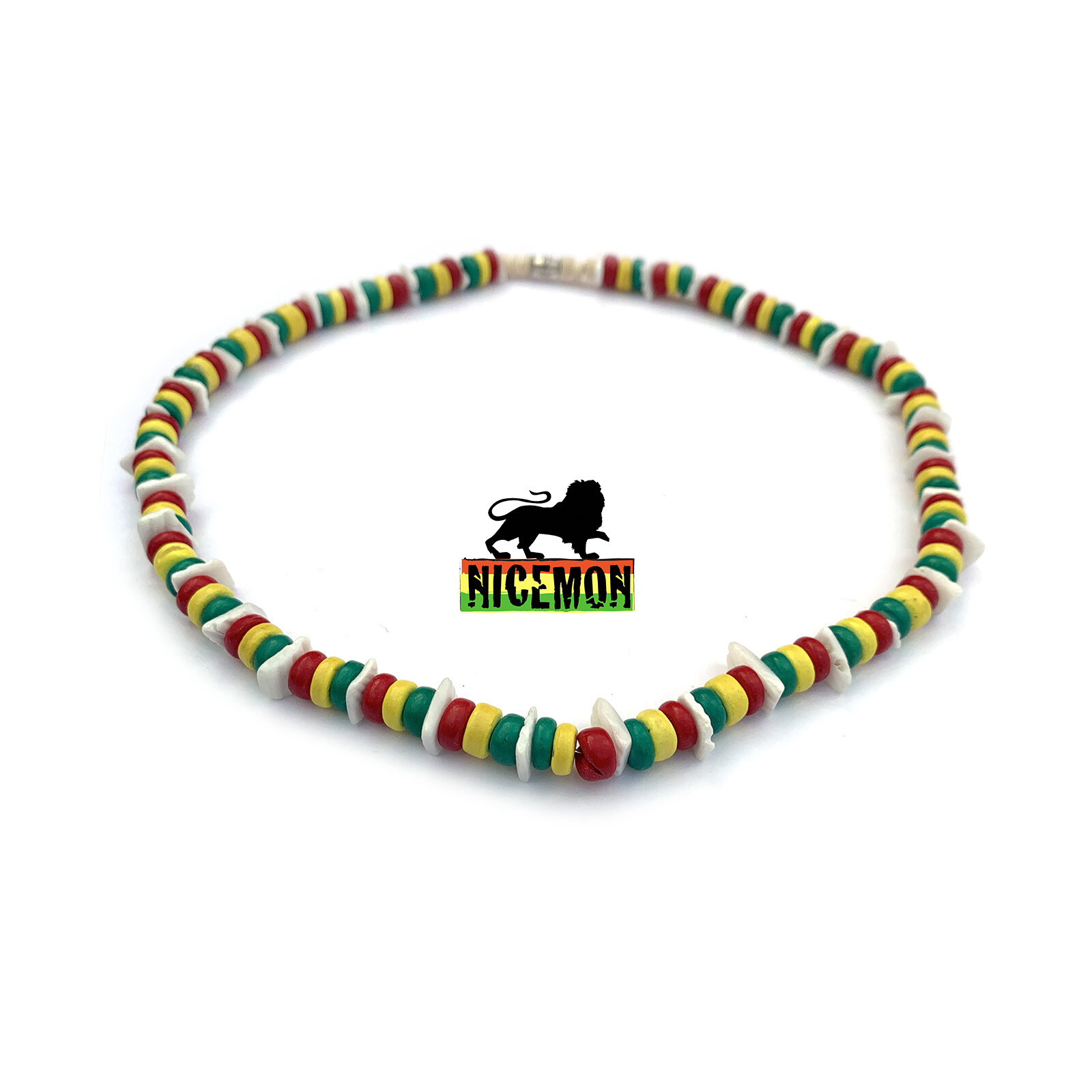 Shell Necklace Rasta Colors Beads Choker Screw Clasp Hawaii Jamaica 18″/46 cm