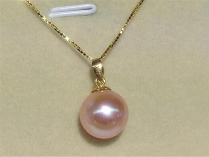 AAA 9-10mm Natural Pink South Sea Round Pearl Pendants 18k Solid Yellow Gold