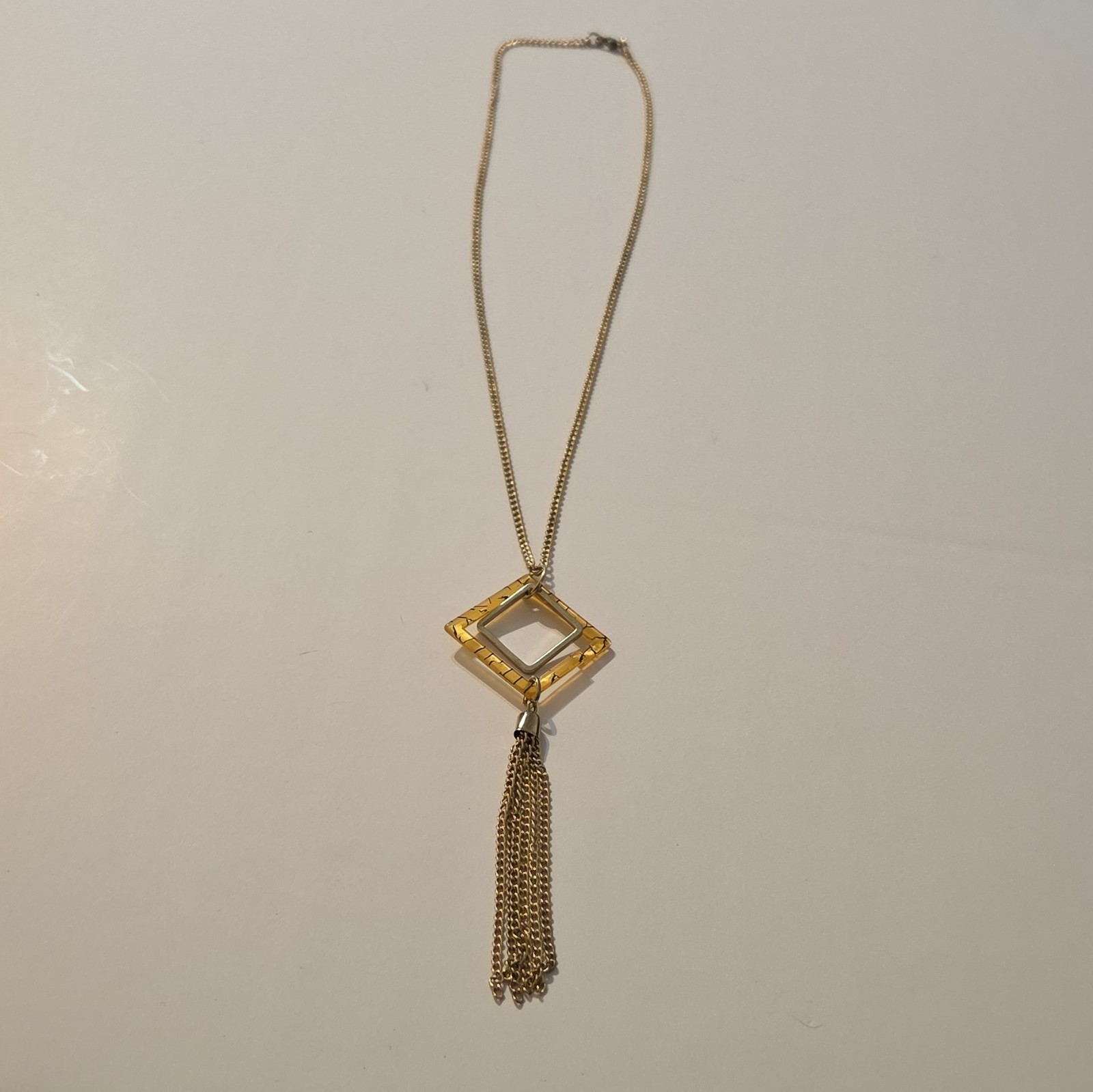 Gold Tone Metal Chain Necklace w/ Square Tassel Pendant, No Stone