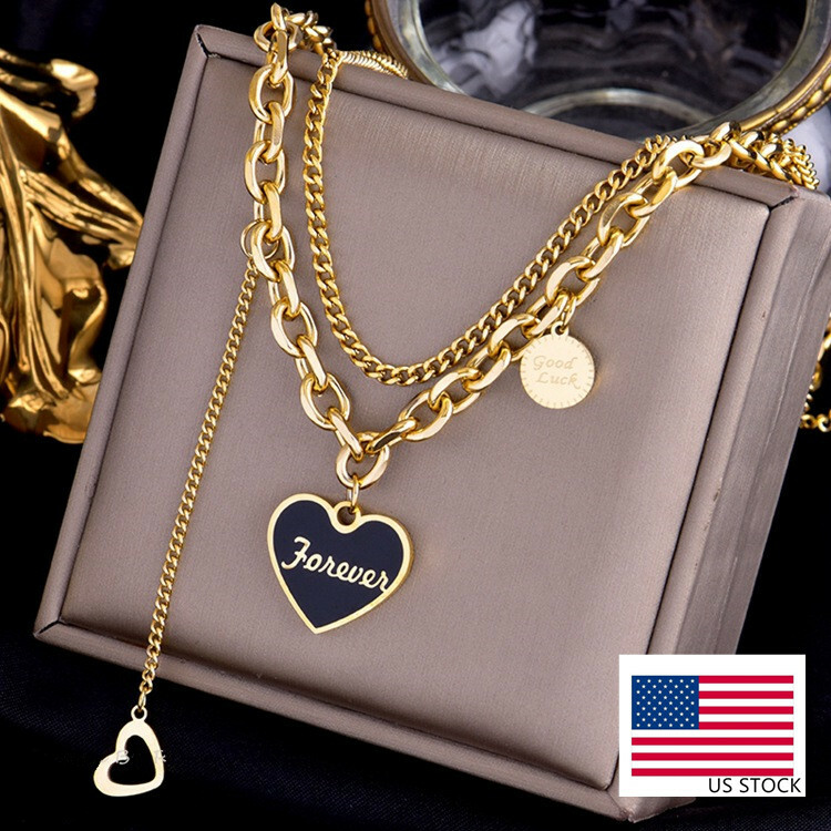 Woman 18K Gold Plated Stainless Steel 2 Layers Enamel Heart Charm Chain Necklace
