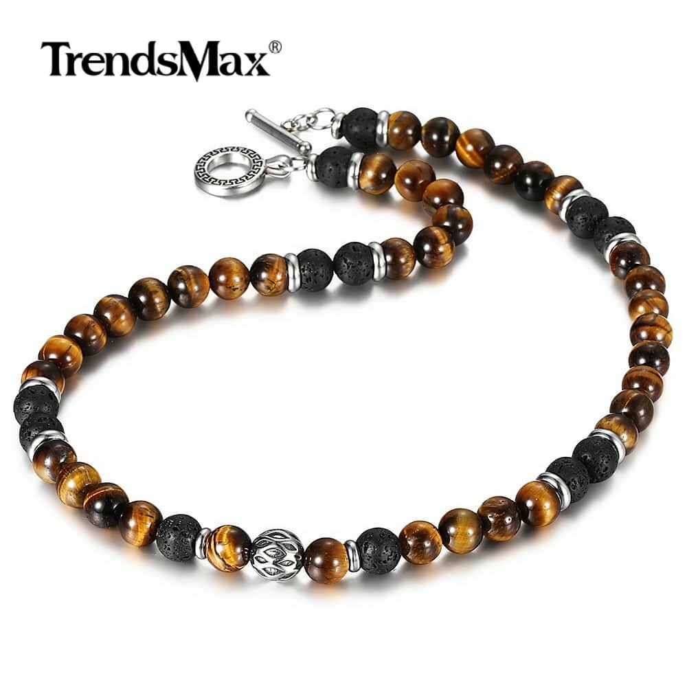 8mm Natural Tiger Eye Lava Bead Necklace Choker Stainless Steel Toggle 18/20/24″