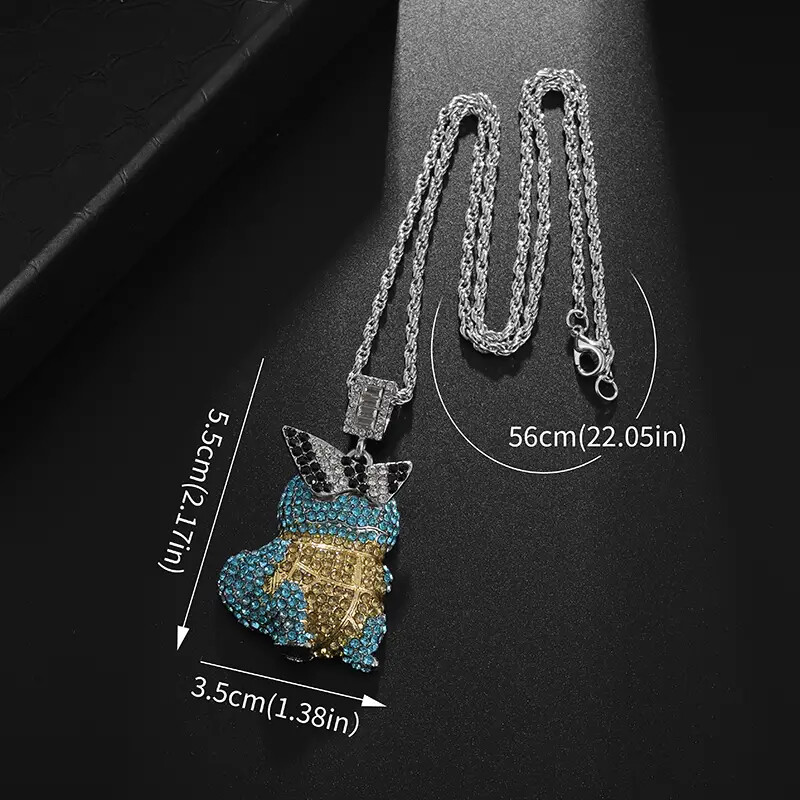 Squirtle Turtle Hip Hop Iced Cubic Zirconia Pendant Rope Chain Bling Necklace