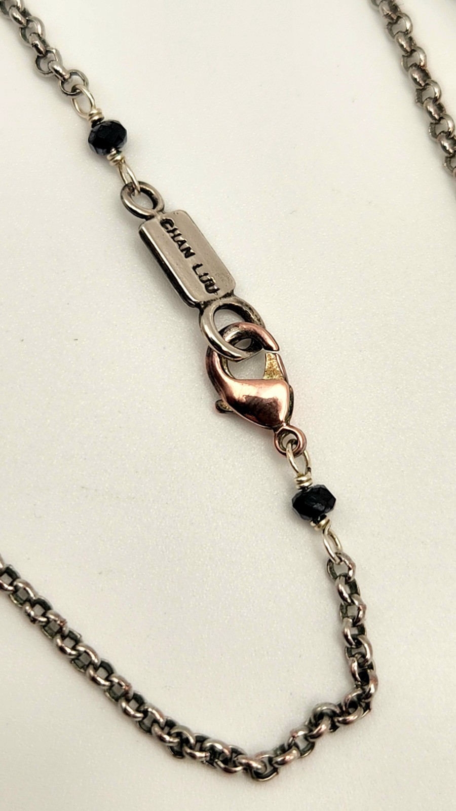 Chan Luu 42″ Layered Black Crystal Beaded Necklace Silver Tone Bar Pendant Boho