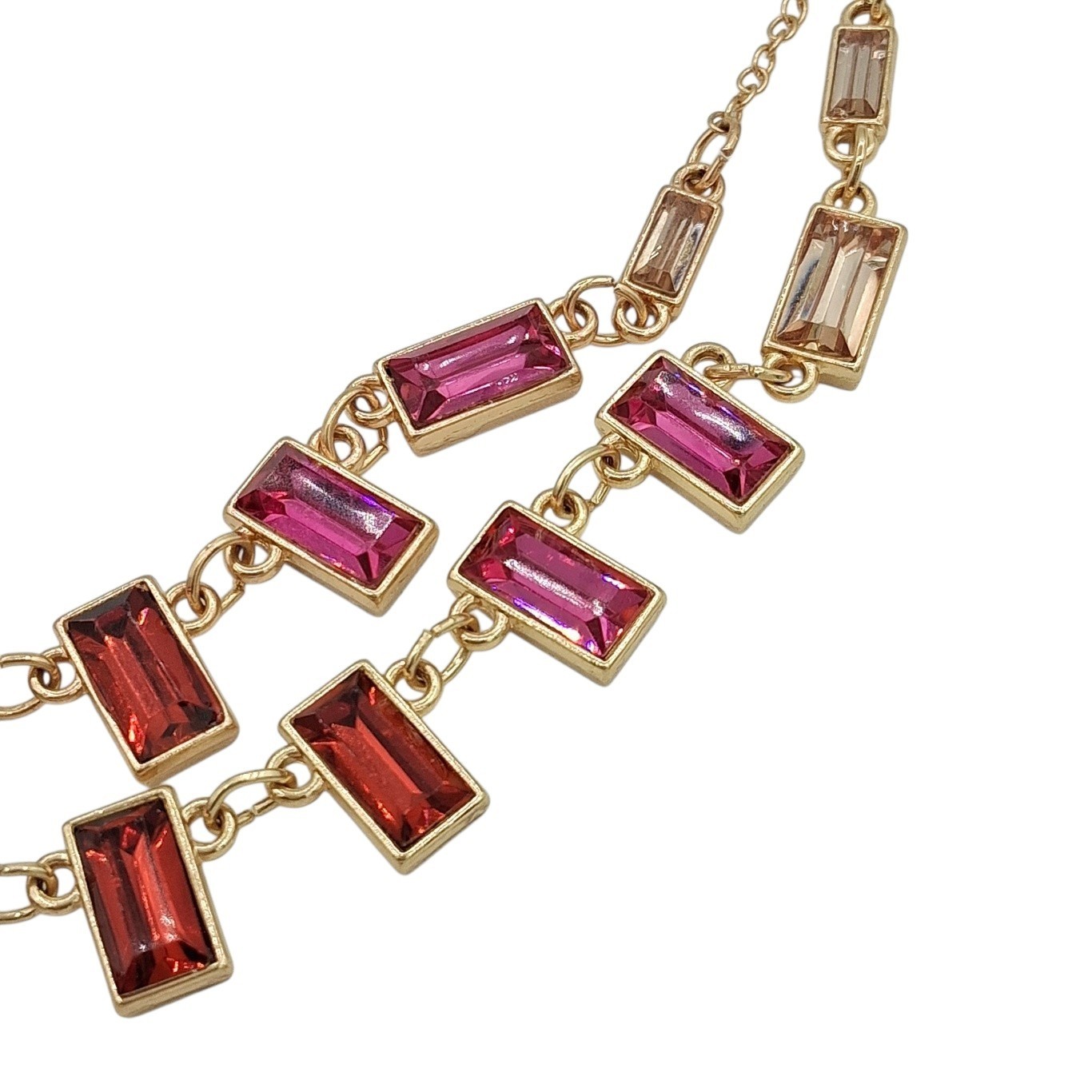 Gold Tone Ombre Red Pink Rhinestone Necklace Emerald Cut Two Strand 16-19″