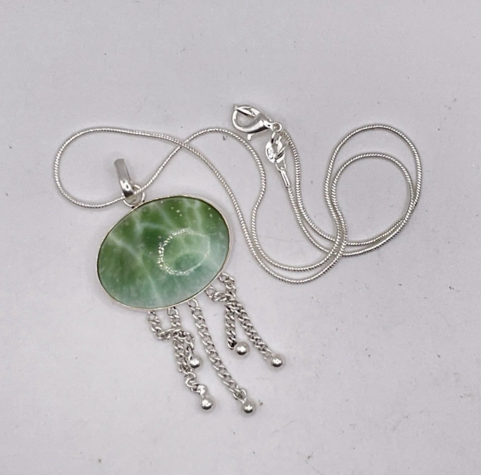 Green Larimar Sterling Silver plated Fringe Pendant Necklace