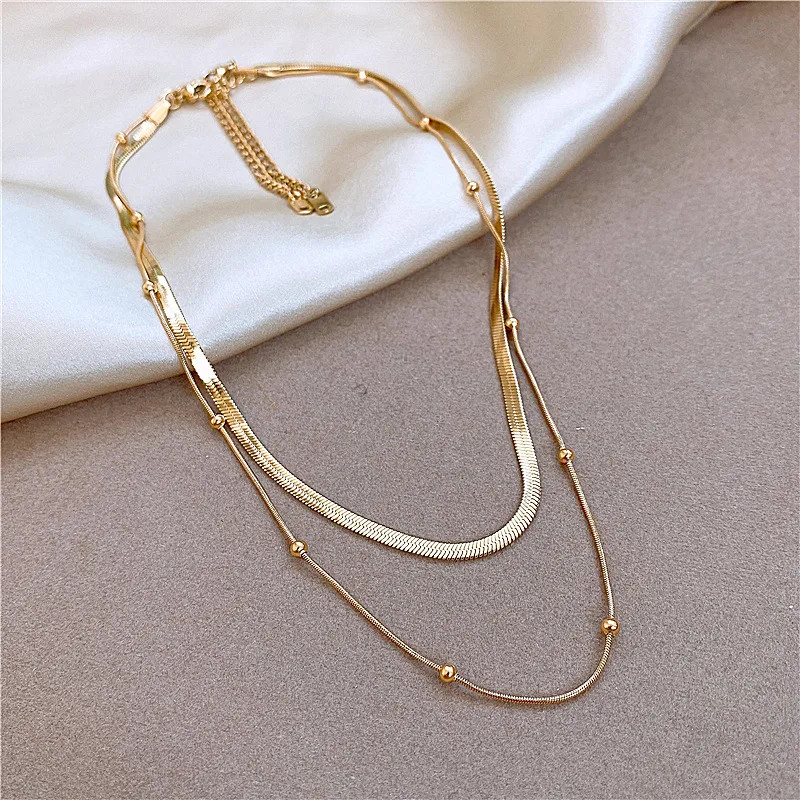 Double Layer Herringbone Necklace Women Gold Silver Stainless Steel Chain