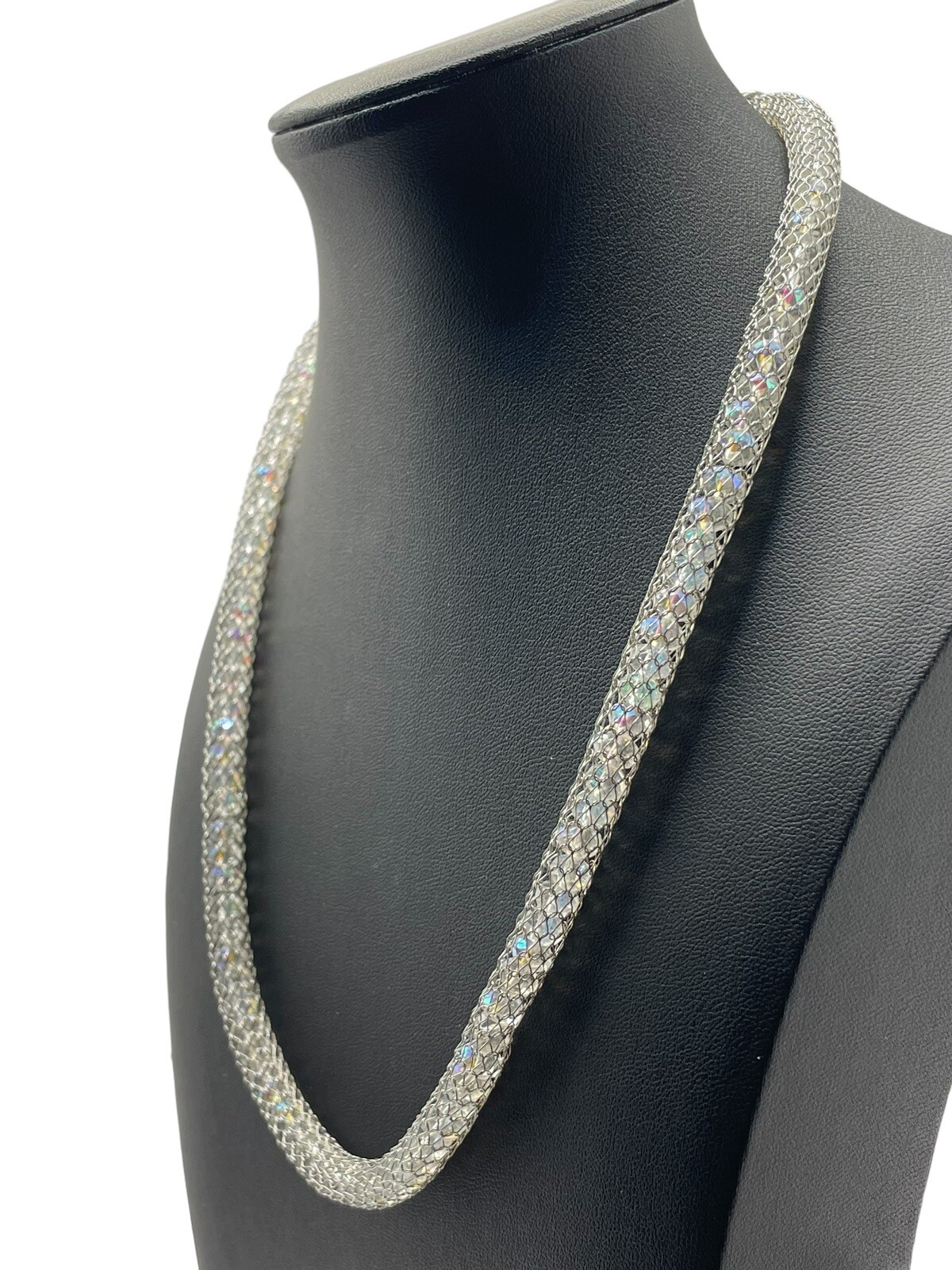 Stainless Steel China Mesh Net Aurora Borealis Bead Silver Tone Necklace Modern