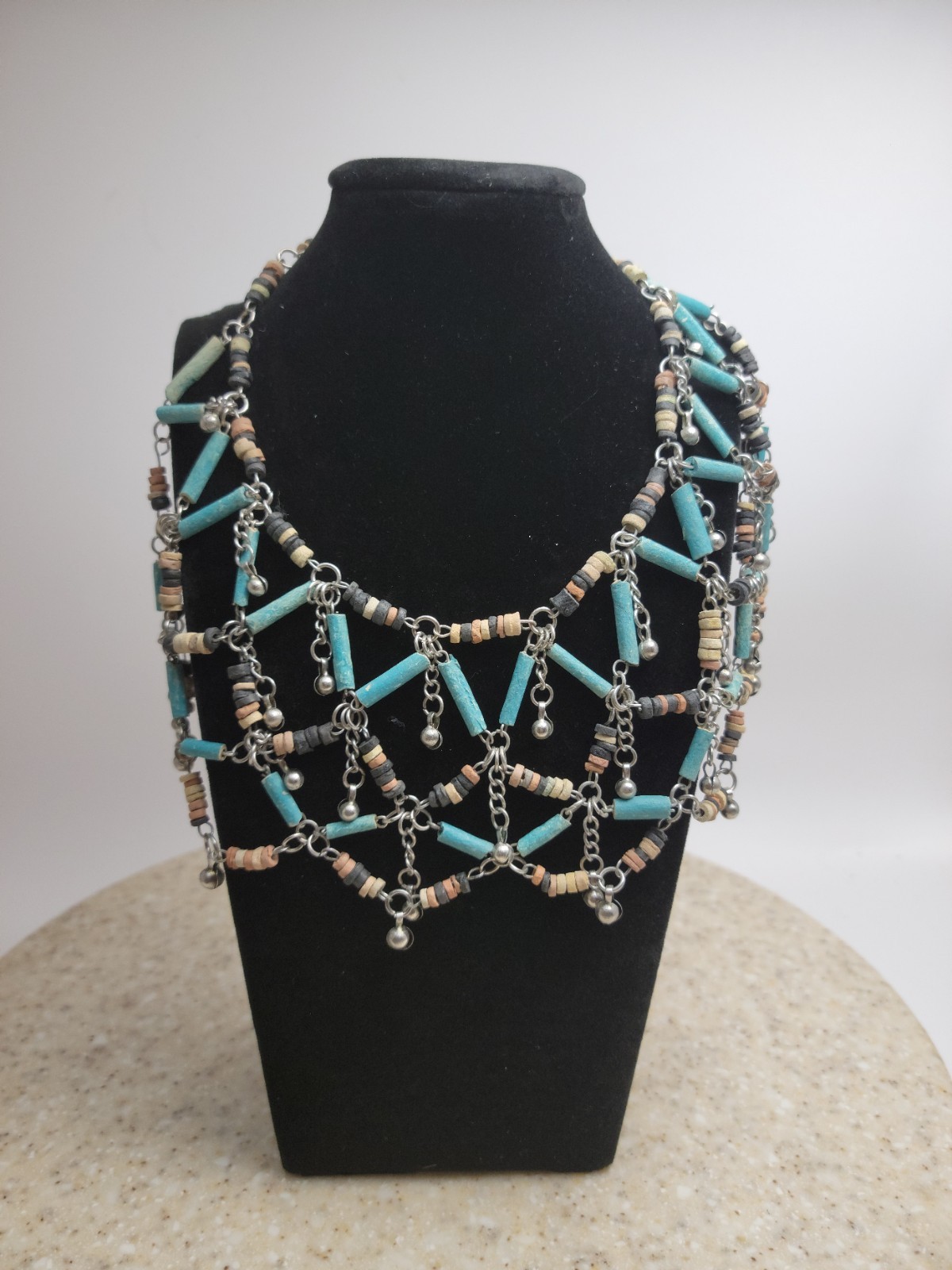 Boho Southwestern Style Multi-Strand Bib Necklace Turquoise Tan Gray Bead Web