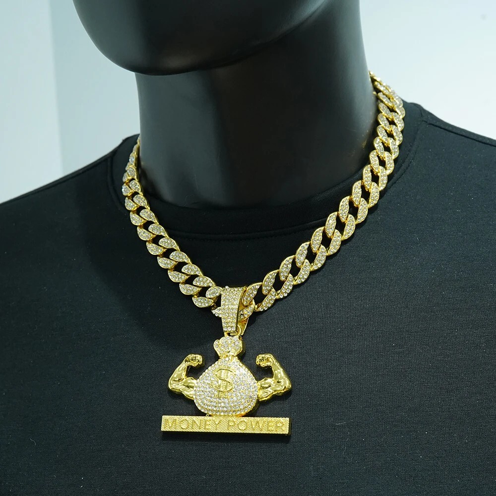 HipHop MONEY POWER Pendant Necklace Chain CZ Iced Fashion Punk Men Women Jewelry