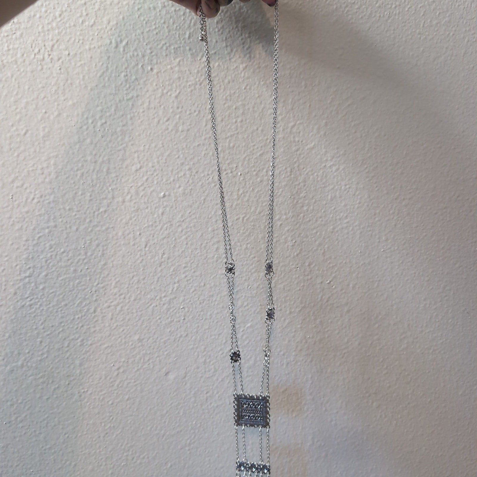 Silver Textured Square Pendant Fringe Necklace