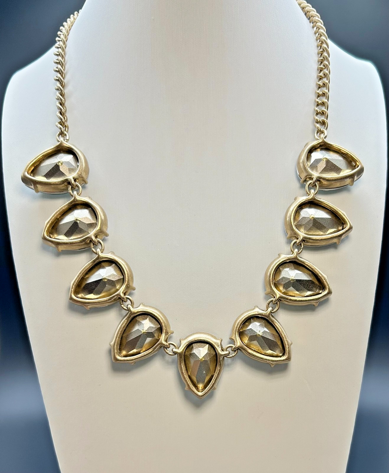 J Crew Crystal Teardrop Statement Necklace Blue Grey Bib Collar Gold Tone NWT