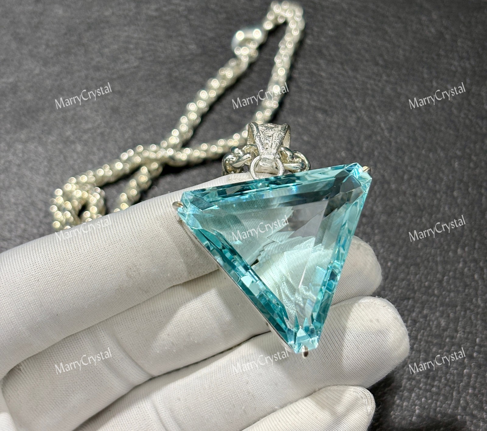 65+ Ct Trillion Cut Blue Aquamarine German Silver with 18″ Chain Loose Gemstone