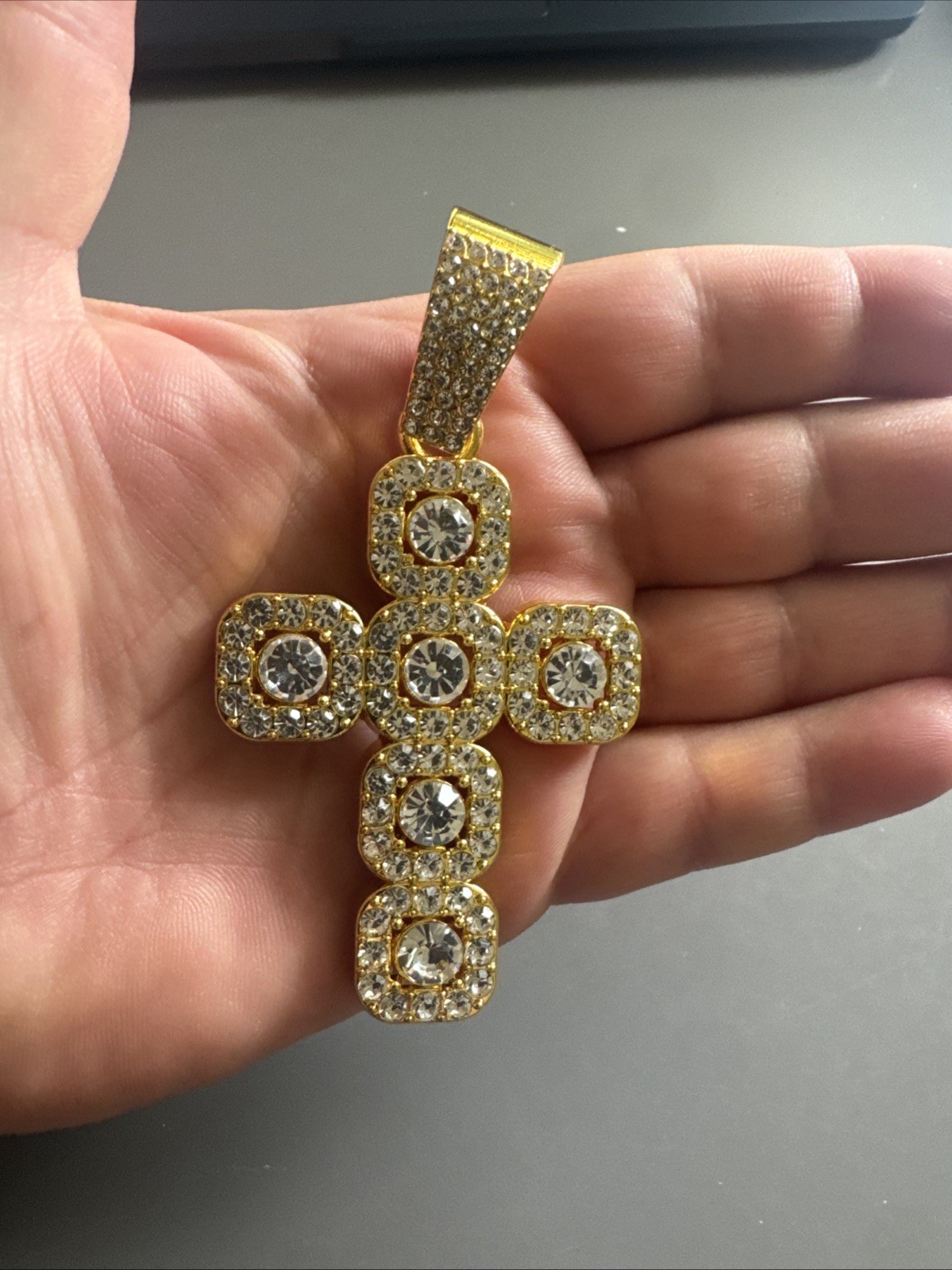Gold Plated Cross Pendant Cubic Zirconia 24 Inch Necklace Unisex Hip Hop Gift