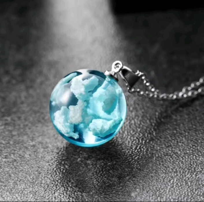 Blue Sky White Cloud Resin Ball Pendant Necklace Round Chain Gift for Women
