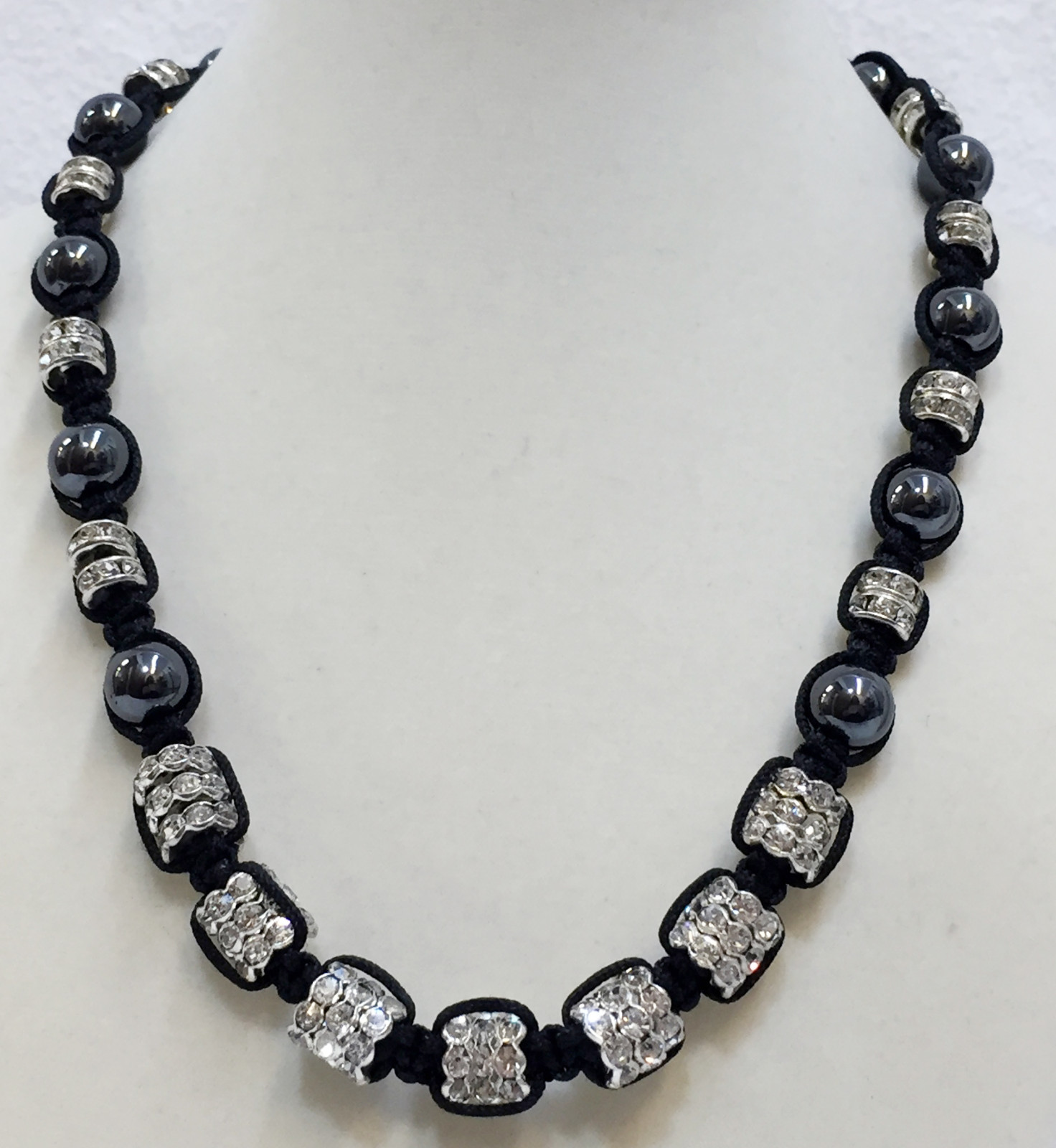 Rhinestone Hematite Necklace Choker 13.5″ Strand String Black String Adjustable