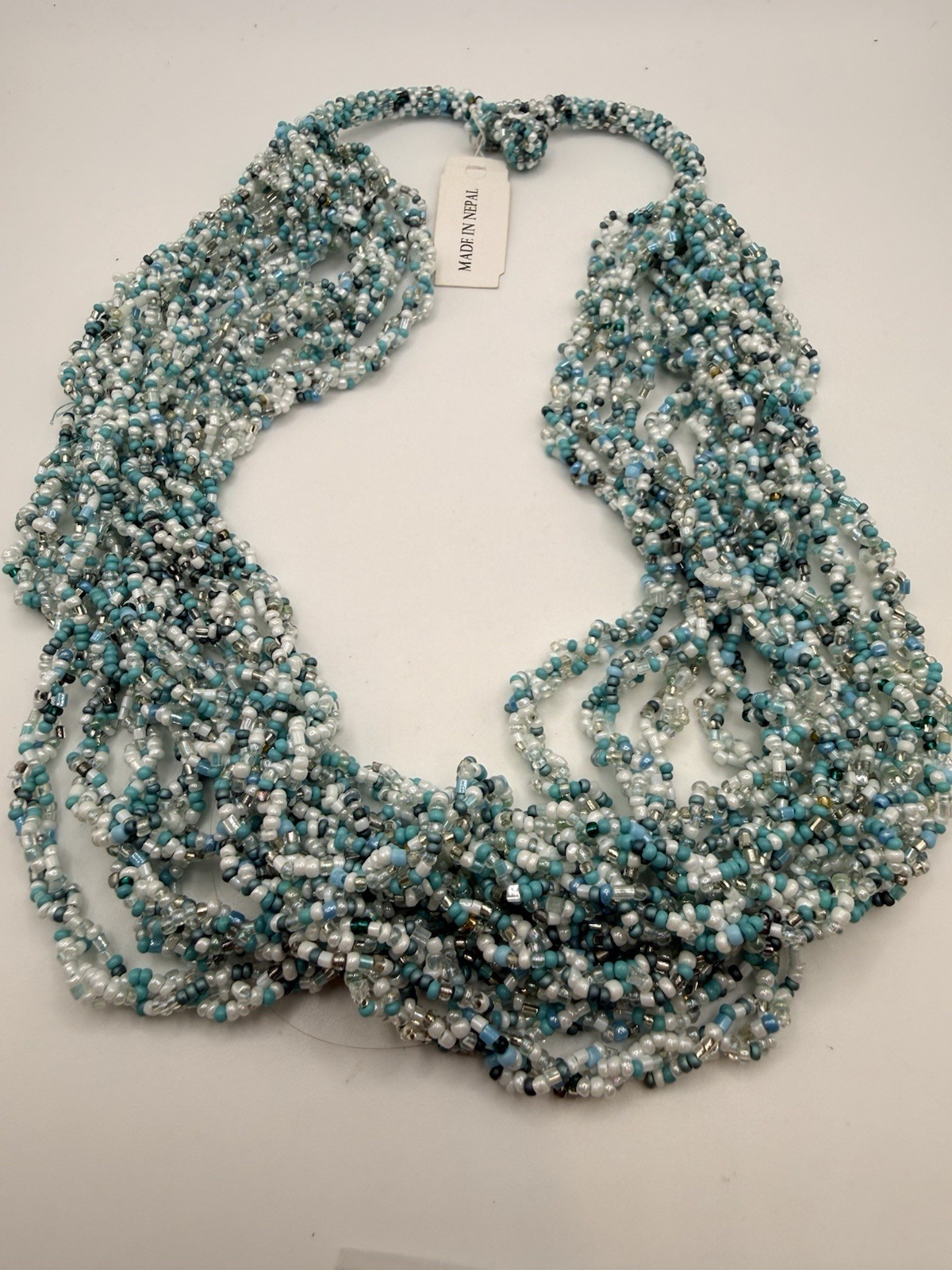 Seed Bead Necklace Blue White Made in Nepal Multi Strand Button Closure 20”