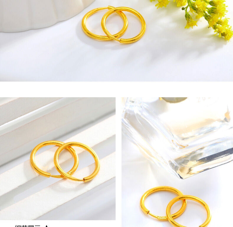 New Authentic 24K Yellow Gold Earrings Women’s Elegant Smooth Hoop Earrings 12mm