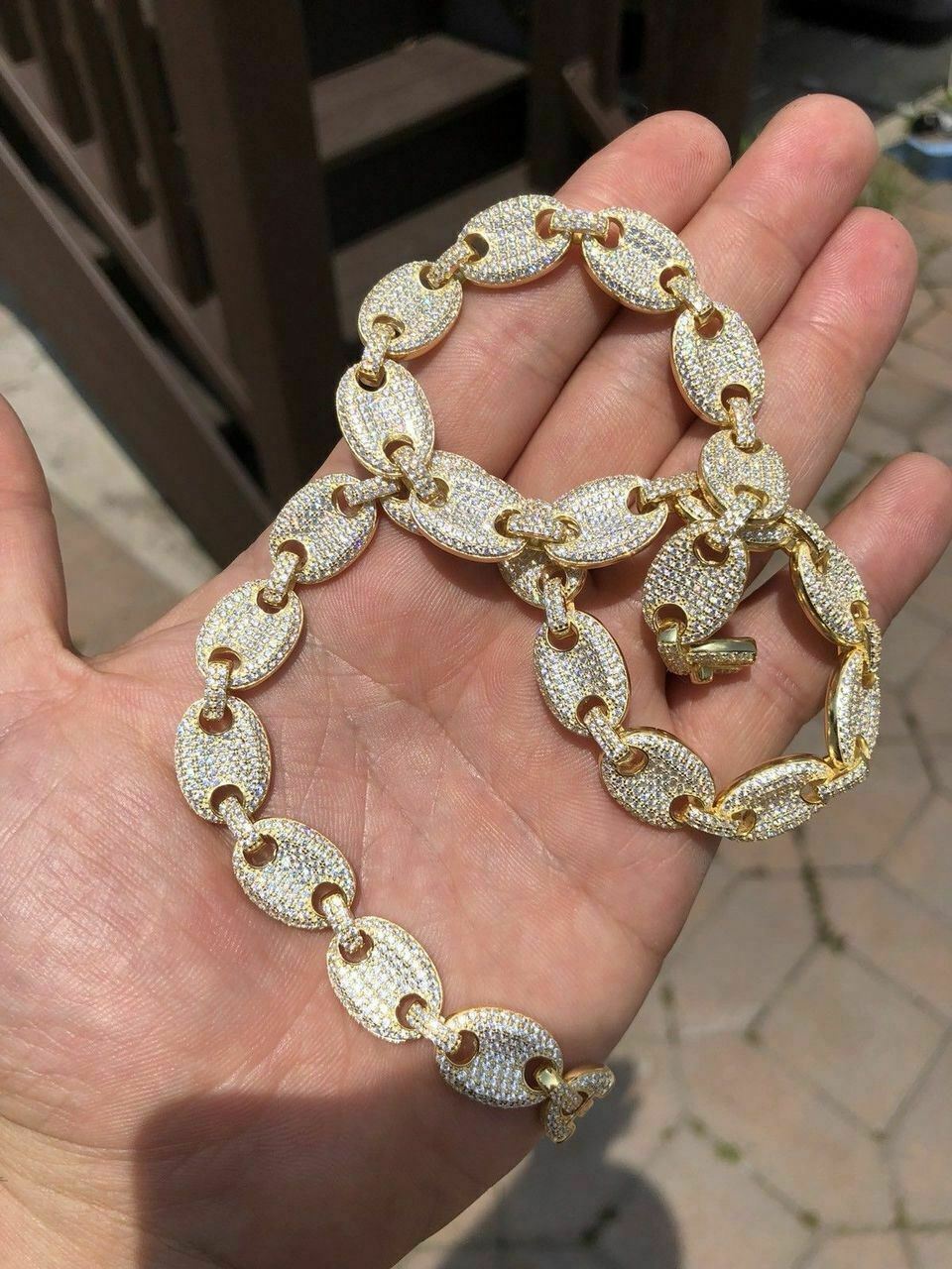 14k Gold Plated Over Solid 925 Sterling Silver Puffed Mariner Choker Chain CZ