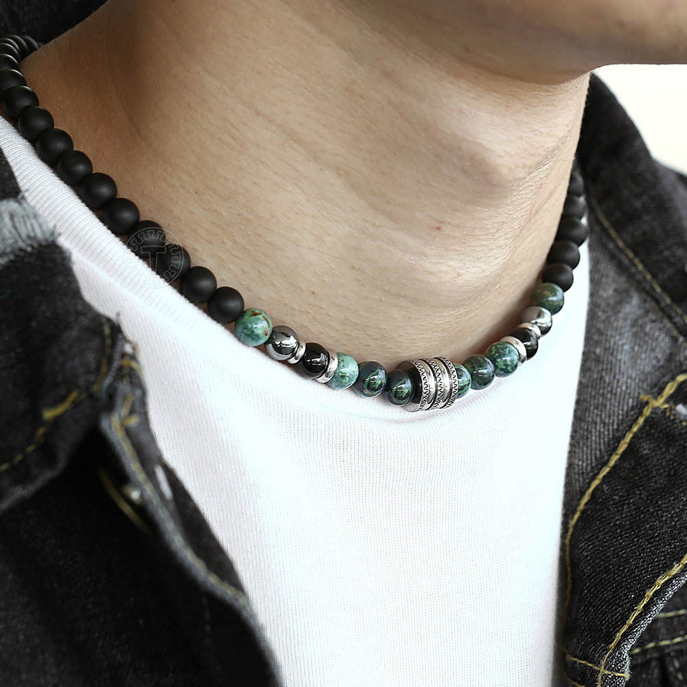 8MM Natural Black Matte Polar Jade Beaded Necklace Stainless Steel Toggle Choker
