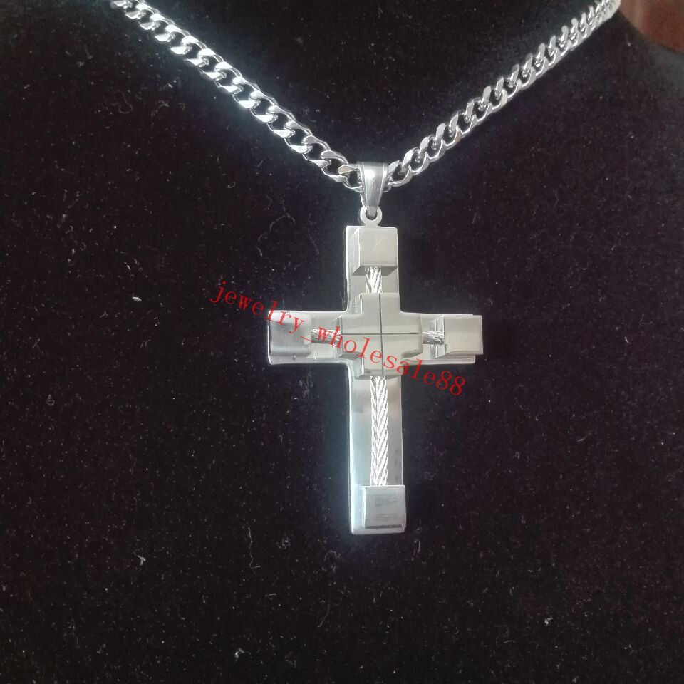 20”-32” Large Stainless Steel Wire crucifix Cross Pendant Curb Chain Necklace